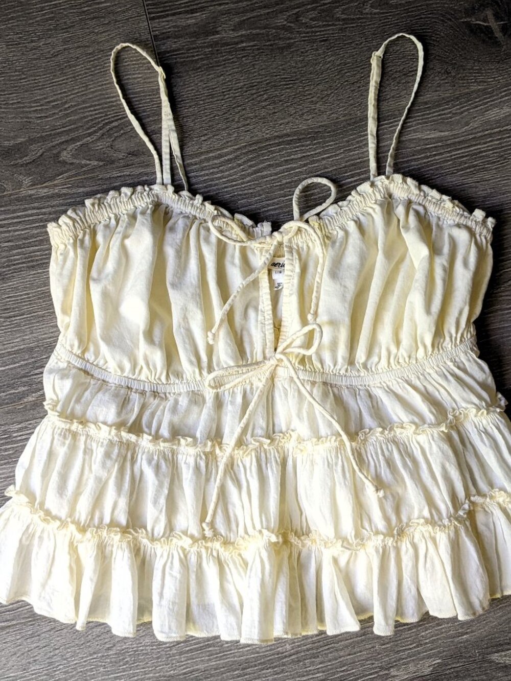 Aerie 100% Cotton Babydoll Camisole Top L Light Yellow Ruffle Peplum Tie Front